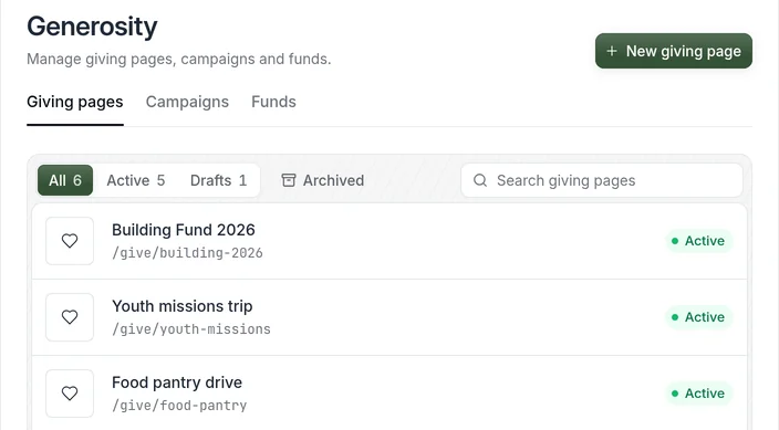 The Bless Generosity screen listing giving pages, their funds, goals, and amounts raised