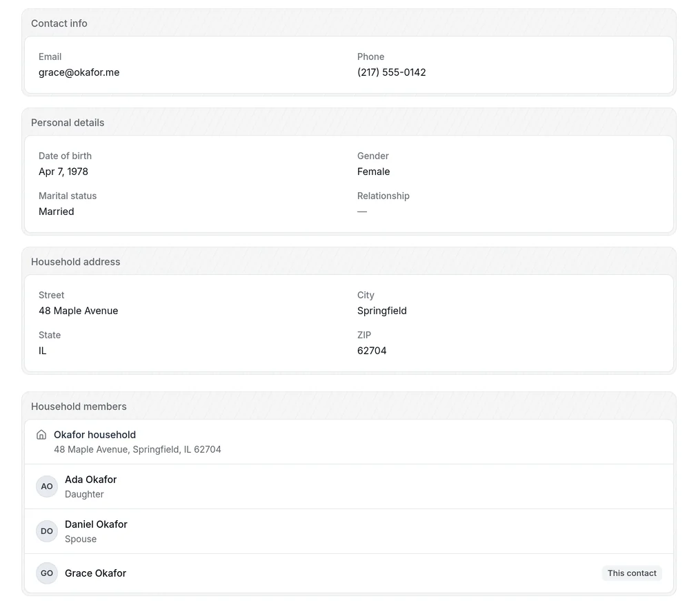 Grace Okafor's profile in Bless with her contact details and the Okafor household: Ada, Daniel, and Grace